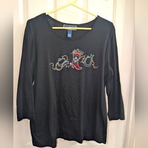 Karen Scott Black Embellished Blouse 3/4 Sleeves Cowboy Christmas Design